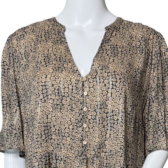 Maison 123 Dress Womens 12 Black Tan Ditzy Floral Shift Neutral Boho Peasant‎ - Picture 5 of 10